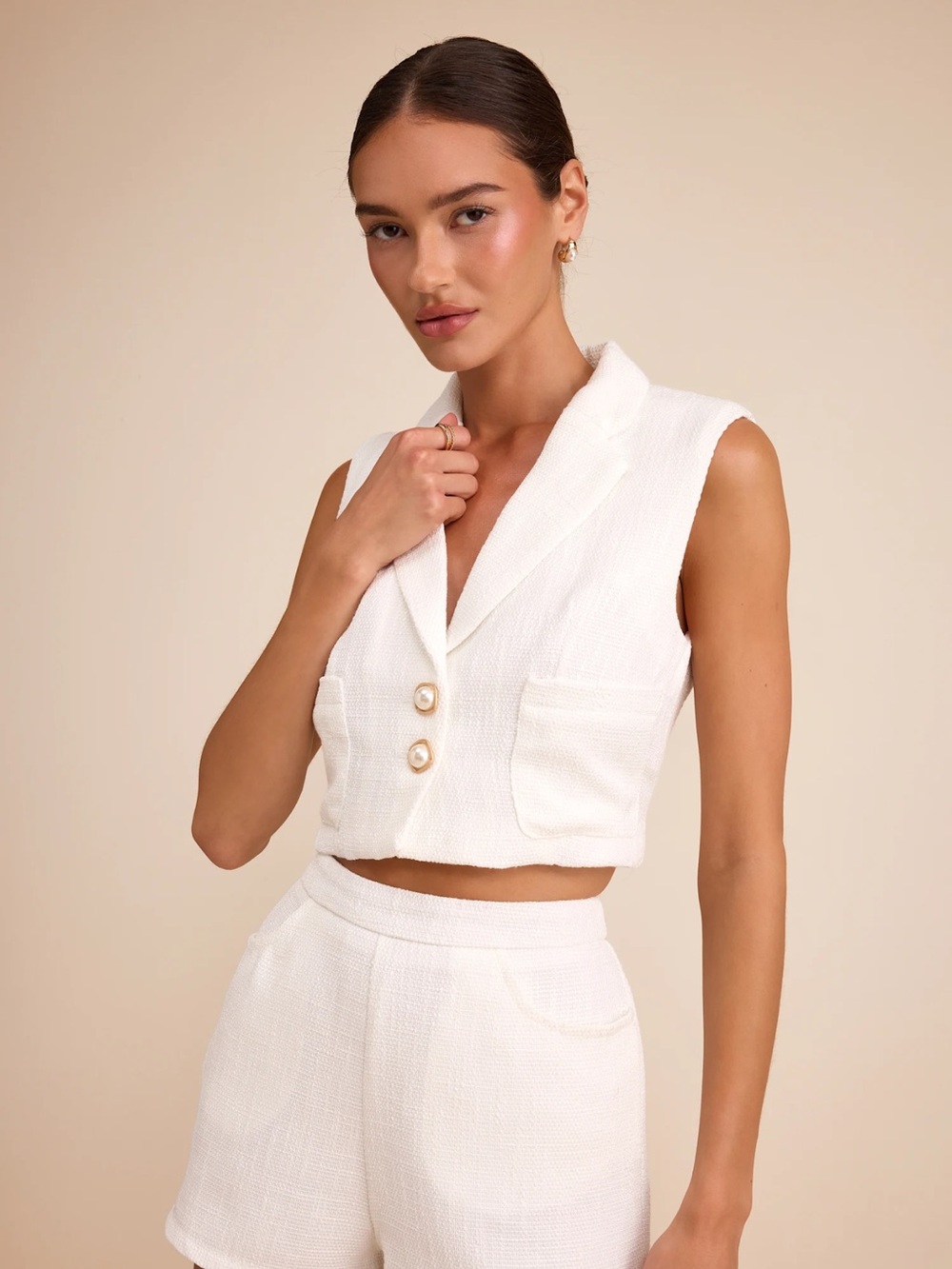 Lulus Perfect Company Ivory Tweed Sleeveless Crop Blazer and High-Waisted Shorts